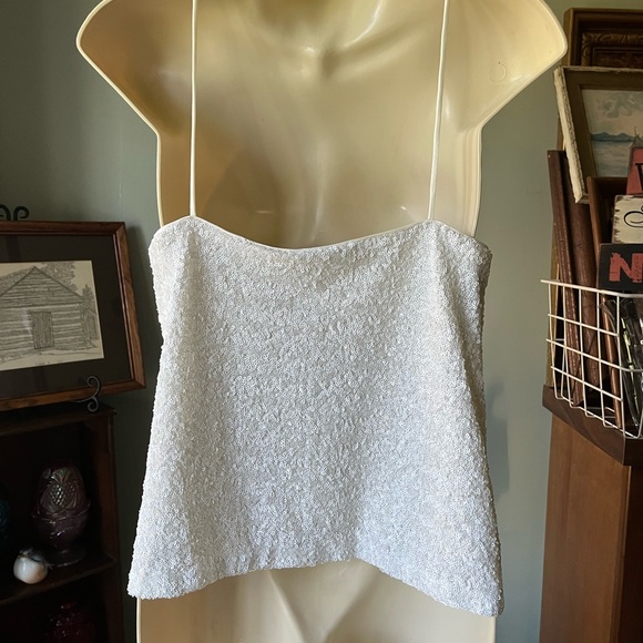 REINA DIAZ COLECCION 5 SEQUINED TANK TOP WHITE PINCHED DEEP V GREAT FOR LAYERING - Picture 3 of 15
